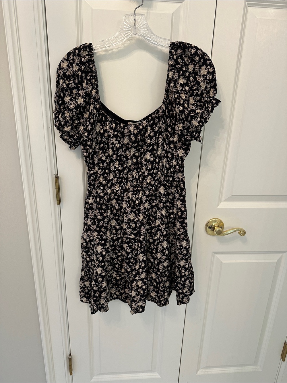 Altar'd State Black with Cream Floral Puff-Sleeve Mini Dress